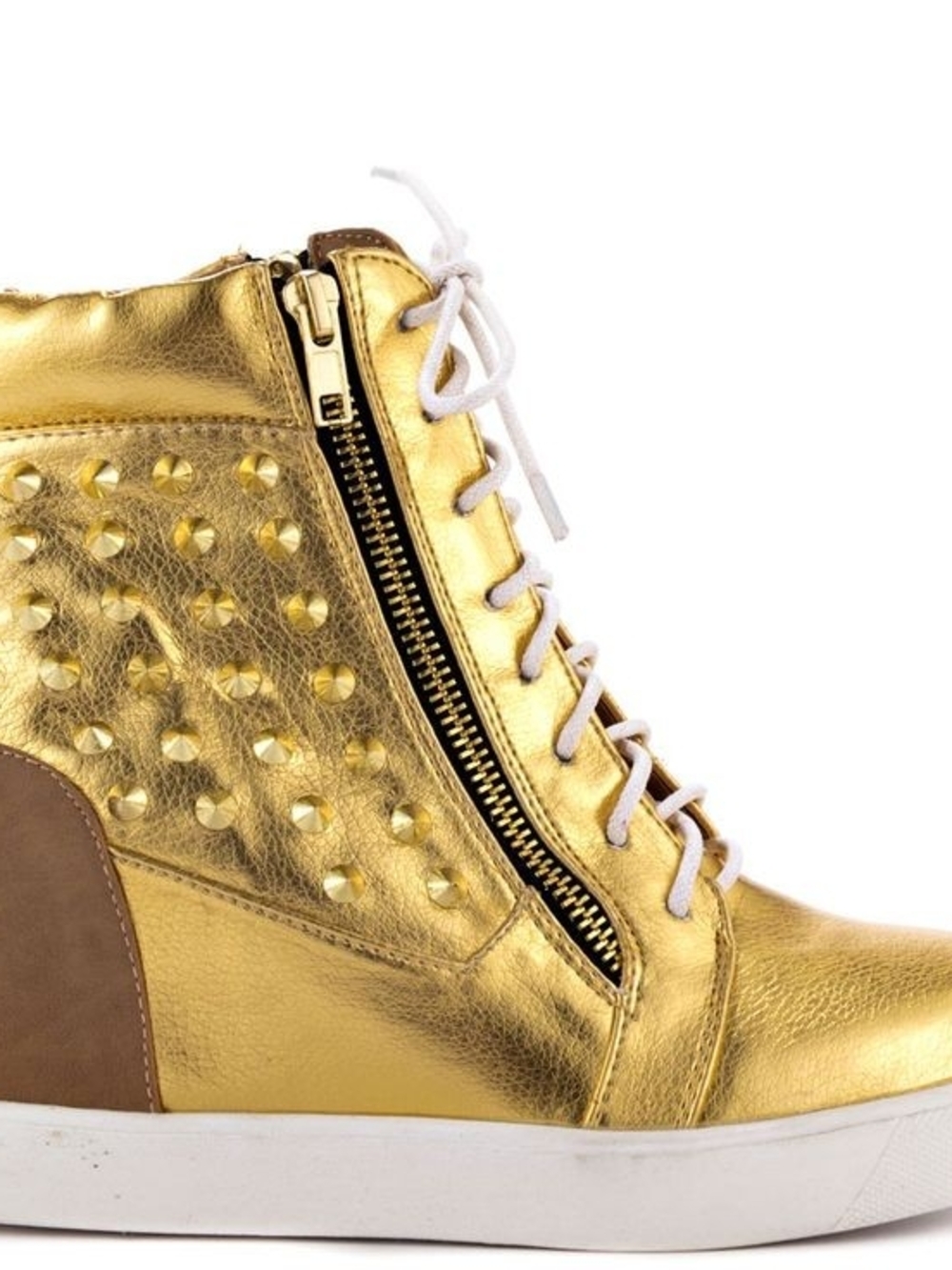 Gold Metallic Studded High-Top Sneaker Boot with Side Zip